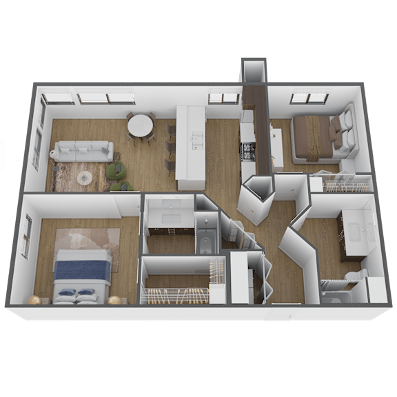 a 3d floor plan of a home with a bedroom and a living room