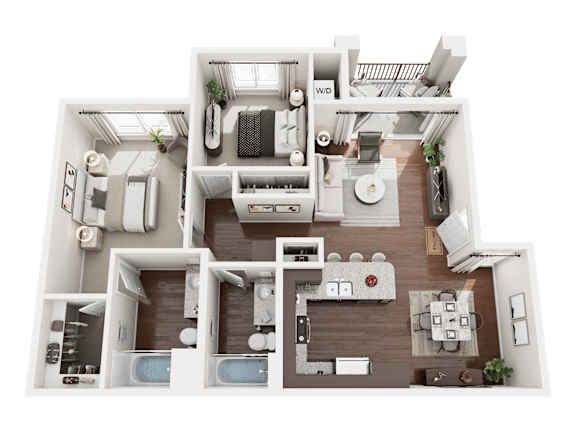 3D Rendered Floor Plan of Turtle Creek 2 Bedroom 2 Bathroom Apartment Home