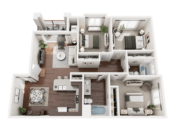 3D Rendered Floor Plan of Turtle Creek 3 Bedroom 2 Bathroom Apartment Homes