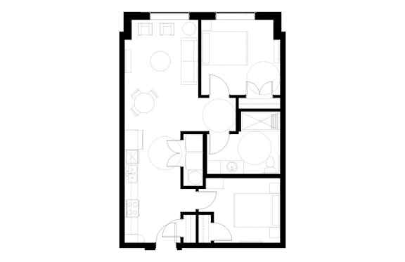 A floor plan of a house with a kitchen, living room, dining room, and three bedrooms.