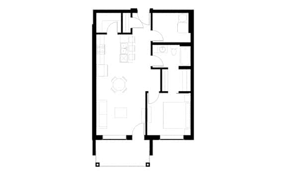 A black and white floor plan of a house with a kitchen, living room, and two bedrooms.