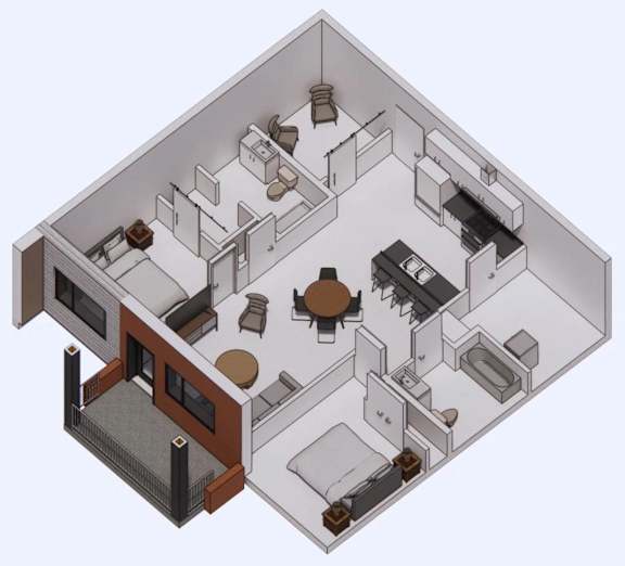 A 3D diagram of a house layout with a kitchen, living room, and bathroom.