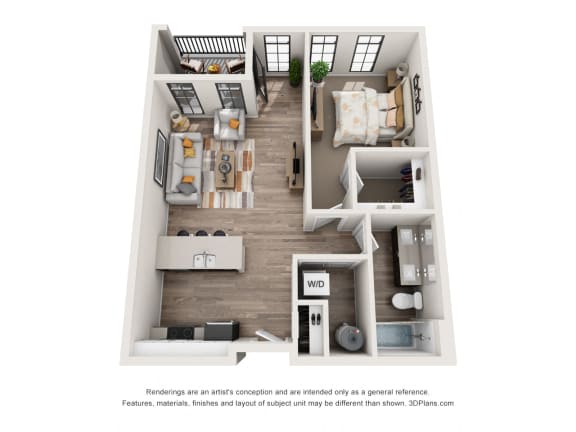 1 bed 1 bath floor plan B at 1400 Russell Apartments, Saint Louis