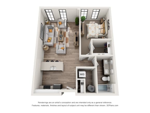 1 bed 1 bath floor plan C at 1400 Russell Apartments, Missouri