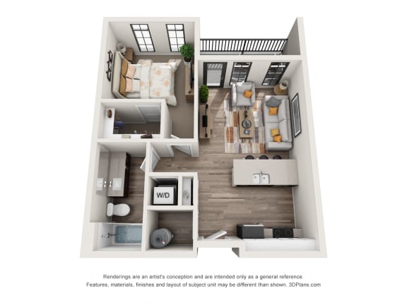 1 bed 1 bath floor plan D at 1400 Russell Apartments, Missouri, 63104