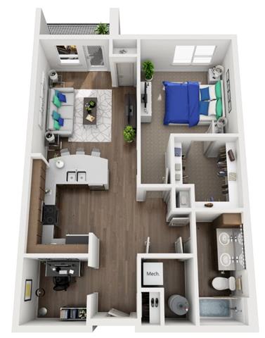 Floor Plan  1 bed 1.5 bath floor plan at The Villages of Twin Oaks, Twin Oaks, MO, 63021