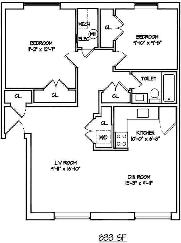 A floor plan of a 833 square feet home with two bedrooms, a living room, a kitchen, a dining room, and a bathroom.
