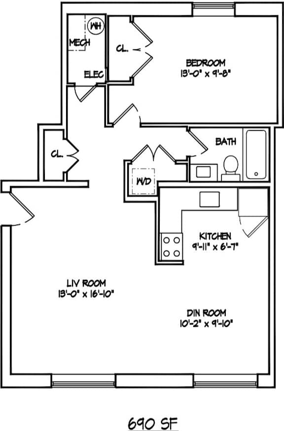 A floor plan of a 690 square foot home with a living room, dining room, kitchen, bedroom, and bathroom.