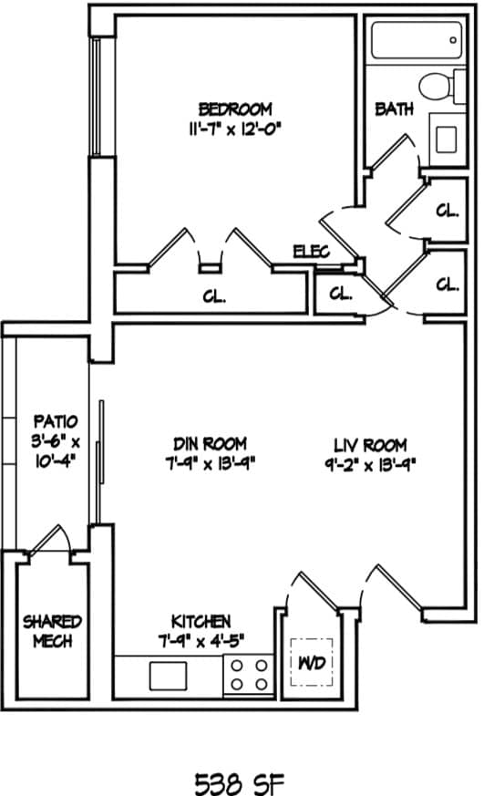 A floor plan of a 538 square foot home.