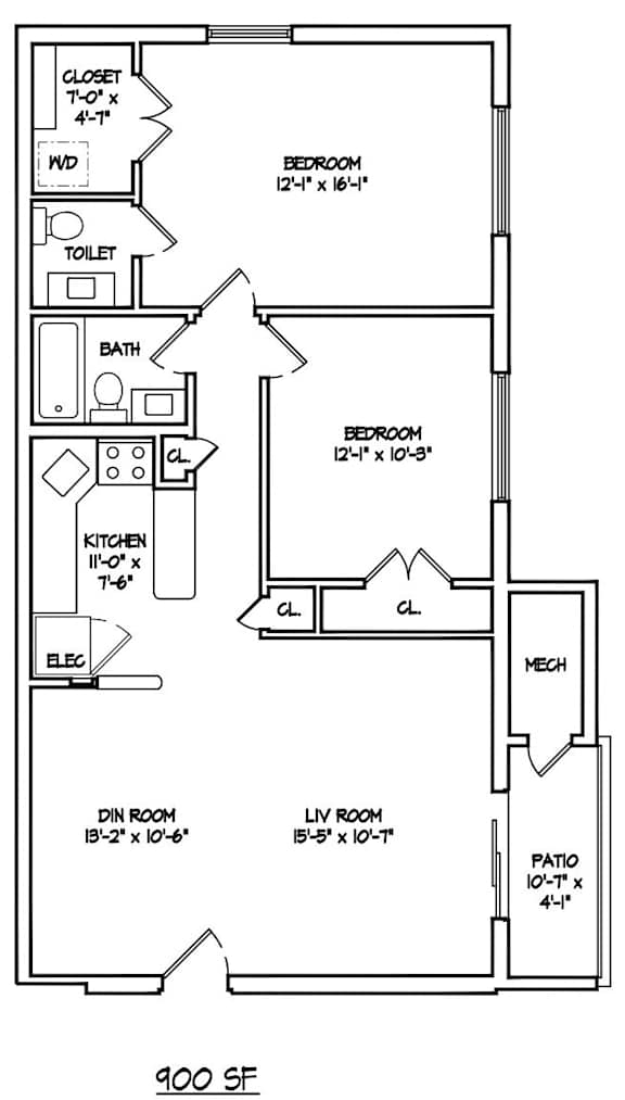 A floor plan of a 900 square feet home.