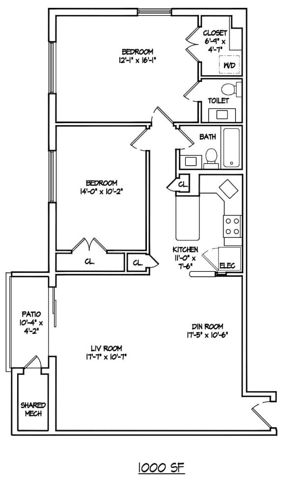 A floor plan of a 1000 square feet home.