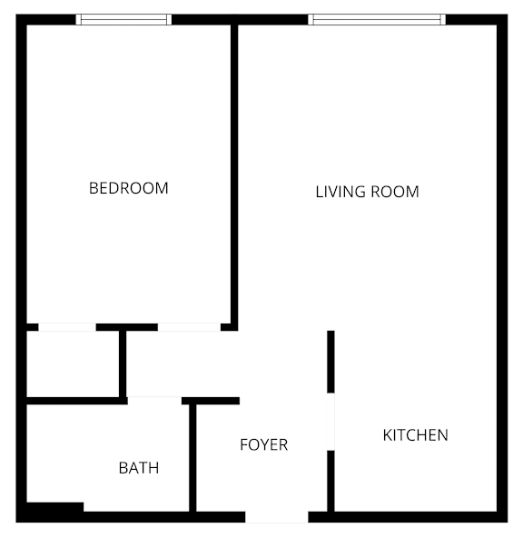 A floor plan of a house with a bedroom, living room, kitchen, bath, and foyer.