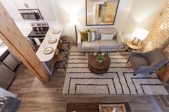 Kitchen and Living Room View at FreightYard Townhomes and Flats, Minneapolis