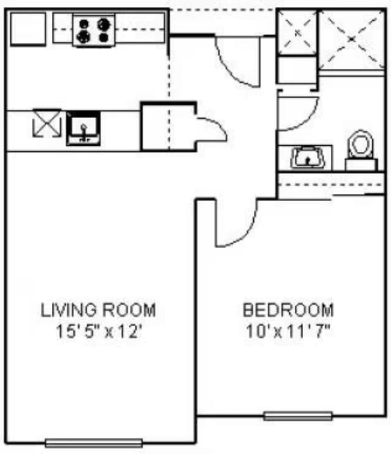 A floor plan of a room with a living room sized 15'5