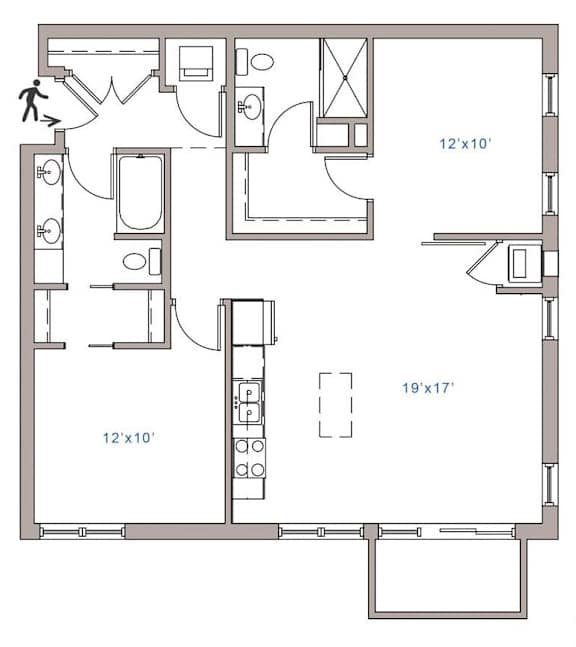 A floor plan of a house with a kitchen, living room, and bathroom.