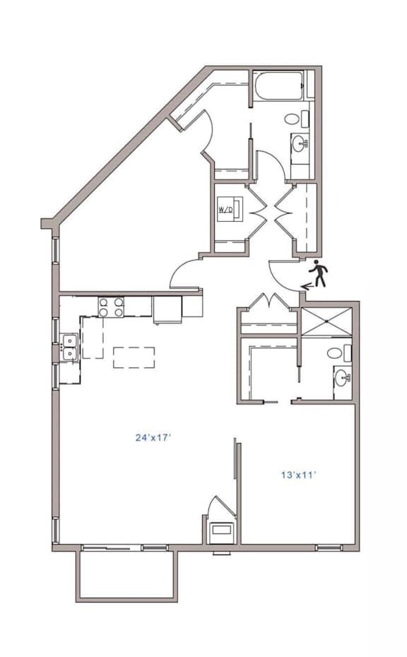 A floor plan of a house with two bedrooms and a living area.