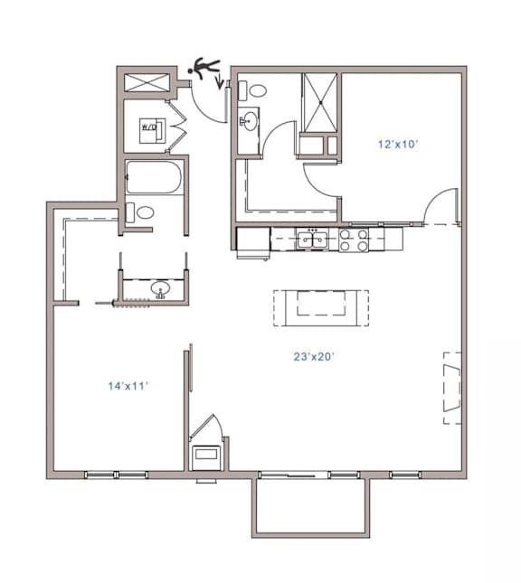 A floor plan of a house with a kitchen, living room, and two bedrooms.