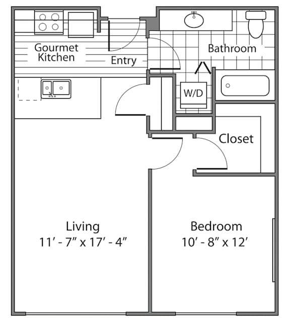 A floor plan of a small apartment with a living room, bedroom, kitchen, bathroom, and closet.