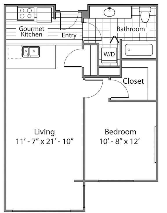 A floor plan of a small apartment with a living room, bedroom, kitchen, and bathroom.