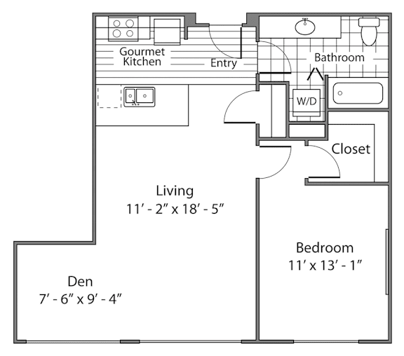 A floor plan of a small apartment with a living room, bedroom, kitchen, and bathroom.