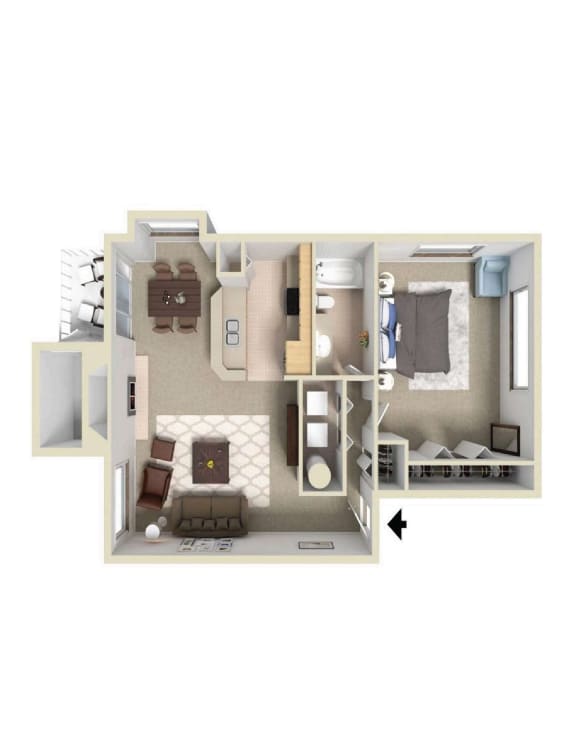 3D floor plan of 1x1 at Murrayhill Park, Oregon, 97008