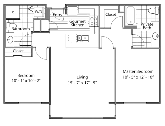 A floor plan of a house with a living room, two bedrooms, a bathroom, a gourmet kitchen, and a closet.