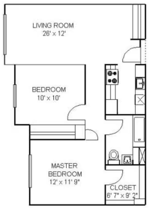 A floor plan of a small apartment with a living room, two bedrooms, and a closet.
