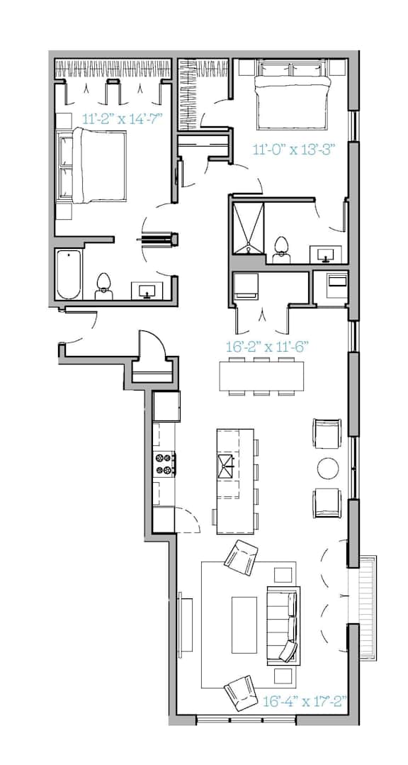 A floor plan of an apartment with dimensions and room layout.