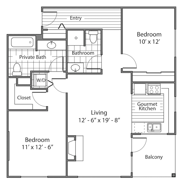 A floor plan of a small apartment with two bedrooms, a living room, a kitchen, a bathroom, a balcony, and a private bath.