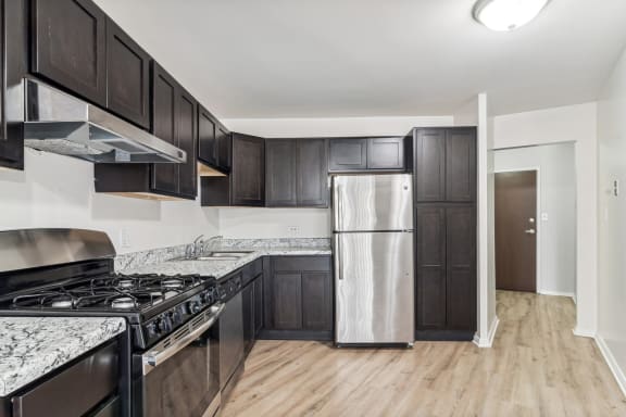 the preserve at ballantyne commons apartment kitchen with stainless steel appliances at The Reserve on Washington, Illinois