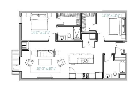 A floor plan of a house with a living room, kitchen, and two bedrooms.