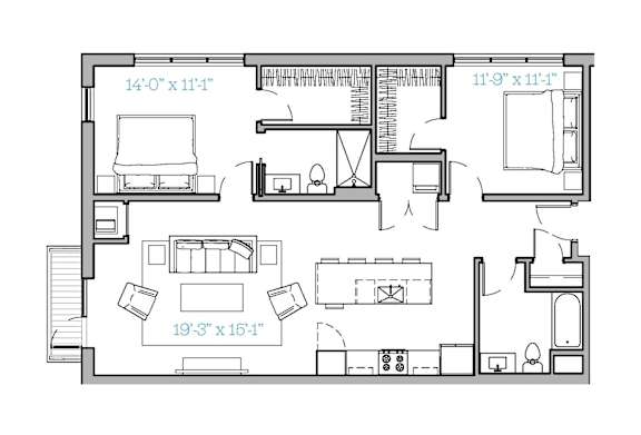 A floor plan of a house with a kitchen, living room, and two bedrooms.