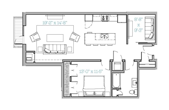 A floor plan of a house with a living room, kitchen, and two bedrooms.