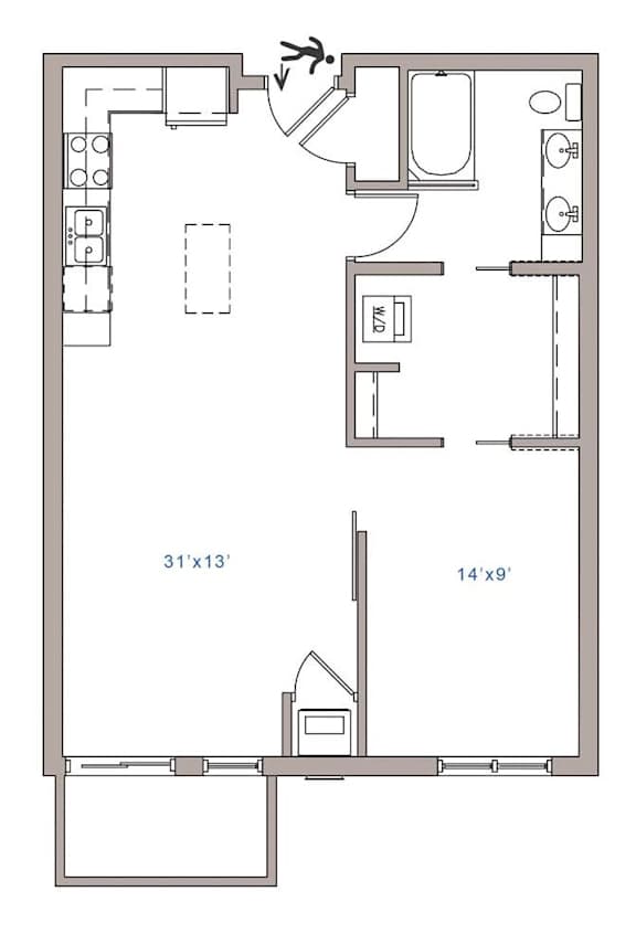 A floor plan of a room with dimensions and furniture layout.