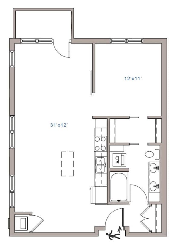 A floor plan of a room with a kitchen area and a bathroom.