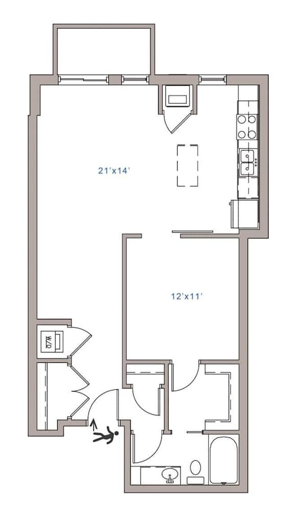A floor plan of a house with a kitchen, living room, and two bedrooms.