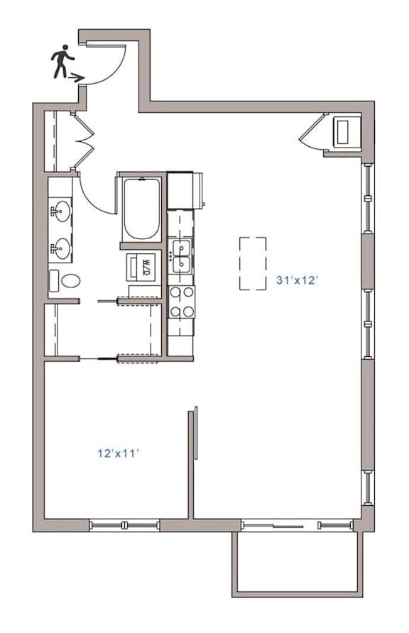 A floor plan of a room with dimensions and furniture layout.