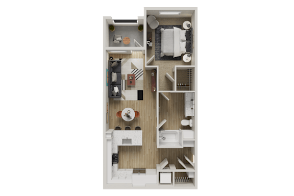 A detailed 3D floor plan of a small apartment.