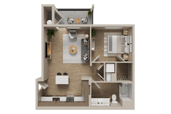 Floor Plan  A 3D floor plan of a house showing a kitchen, living room, dining area, and bathroom.