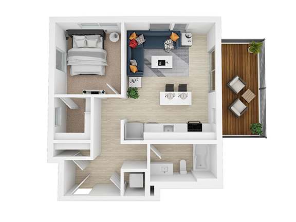 A top-down view of a small apartment with a bedroom, living room, and kitchen.
