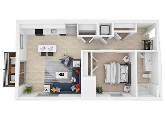 Floor Plan  A top-down view of a modern apartment layout with a living room, kitchen, and bathroom.