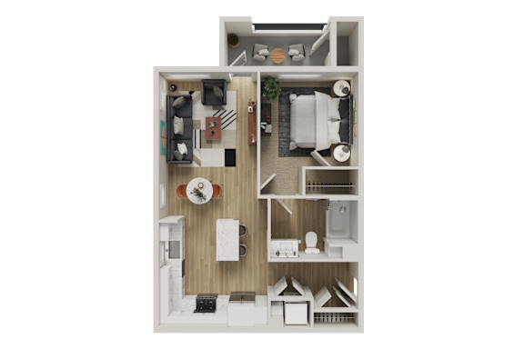 A 3D floor plan of a small apartment with a kitchen, living room, and bathroom.