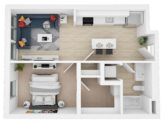 Floor Plan  A top-down view of a small apartment with a bedroom, living room, and kitchen.