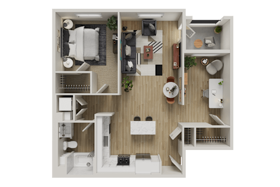 A top-down view of a small apartment with a kitchen, living room, and bedroom.