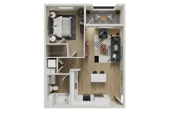 A detailed floor plan of a small apartment with a kitchen, living room, and bedroom.