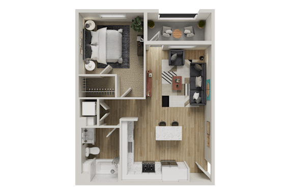 A detailed 3D floor plan of a small apartment with a kitchen, living room, and bathroom.