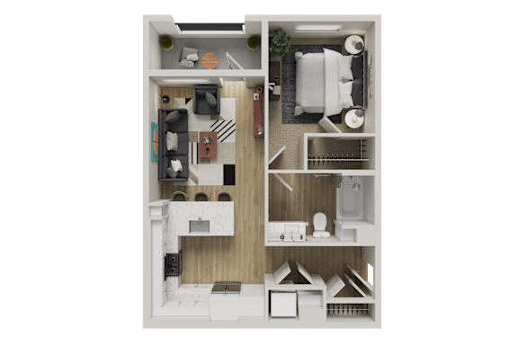 A 3D floor plan of a small apartment with a kitchen, living room, and bathroom.