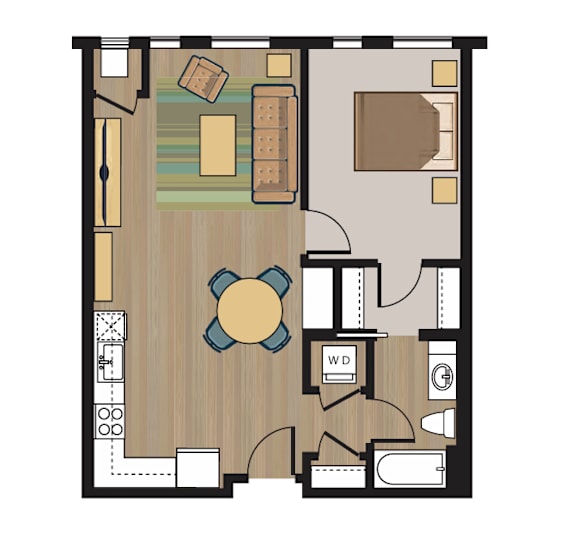 A floor plan of a room with a dining table, a couch, and a kitchenette.