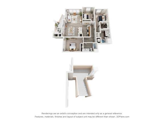 A 3D floor plan of a house with a staircase.