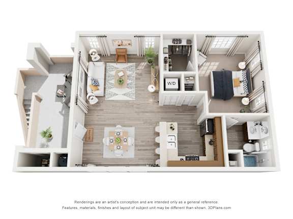 A 3D floor plan of a small apartment with a kitchen, living room, and bathroom.